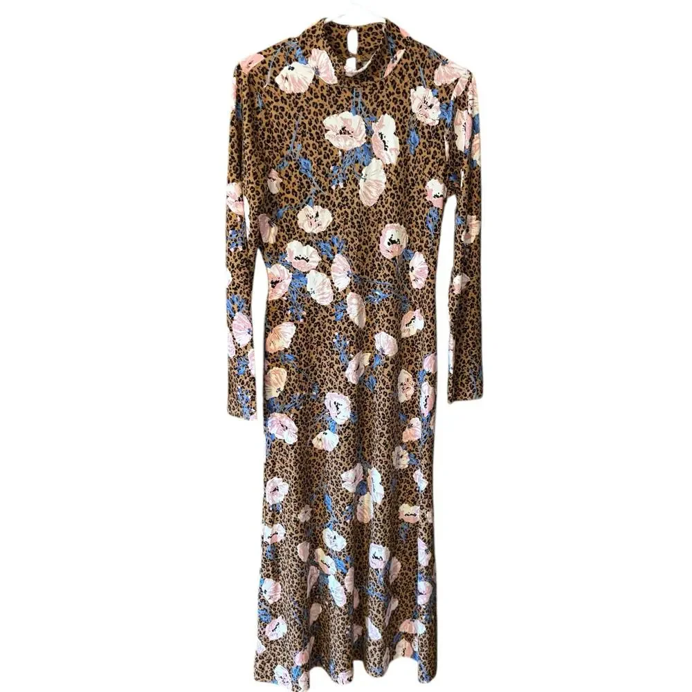 Free People Retro Romance Molly Dress Small Mock Neck Leopard Floral Maxi NWT‎
